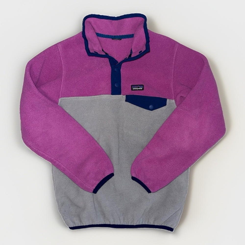Patagonia Girls L 12 Synchilla Snap-T Fleece Pullover Pink Gray Colorblock 65545